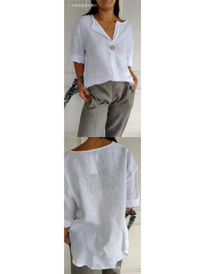 Women's Cotton Linen V-Neck Button T-Shirt - Summer Loose Fit