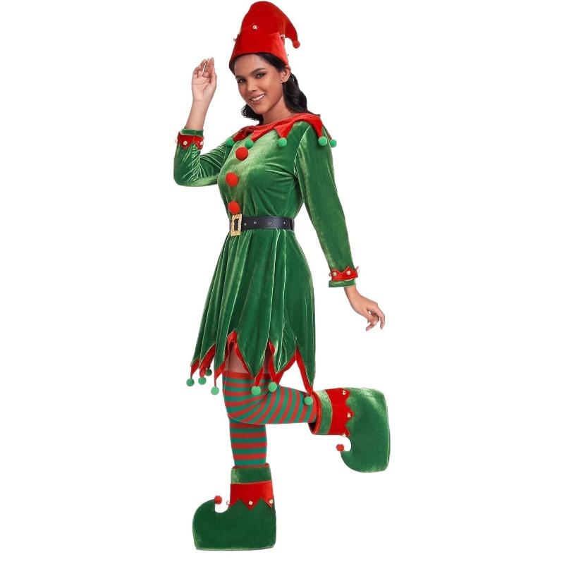 Women's Christmas Elf Costume Set Adult Velvet Dress Costume Santa Helper Christmas Holiday