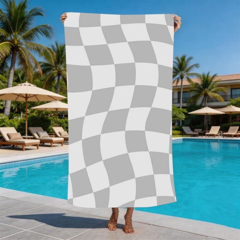 Retro Distorted Grey White Checkerboard Plaid Beach Towel Quick Dry Sandproof Large Towel for Summer Beach Pool Yoga Camping