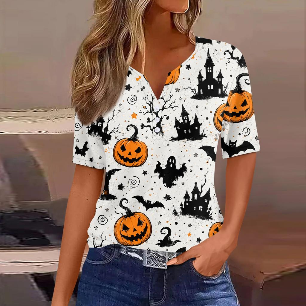 Women's Casual Halloween Print V Neck Short Sleeve Button T Shirt Top Lightweight Comfortable Fit