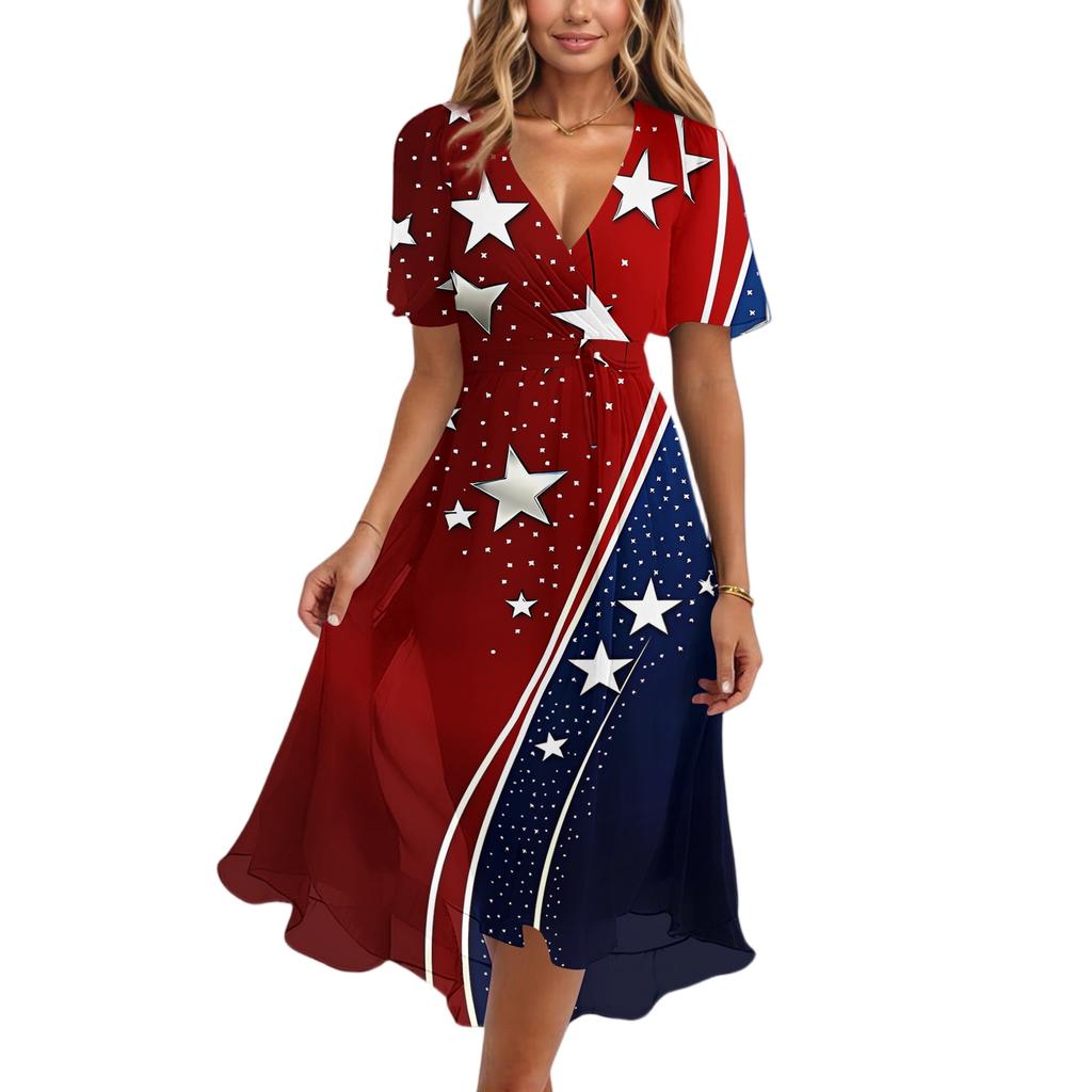 Women’s V Neck Short Sleeve Casual Dress with Printed Pattern Relaxed Fit Lightweight Fabric for Everyday Wear