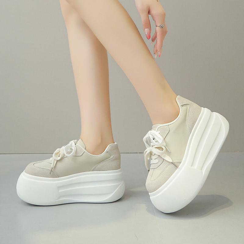 Fashion Women's Thick Bottom Sneakers Autumn New Style Genuine Leather Breathable Beaded Versatile Casual Board Shoes