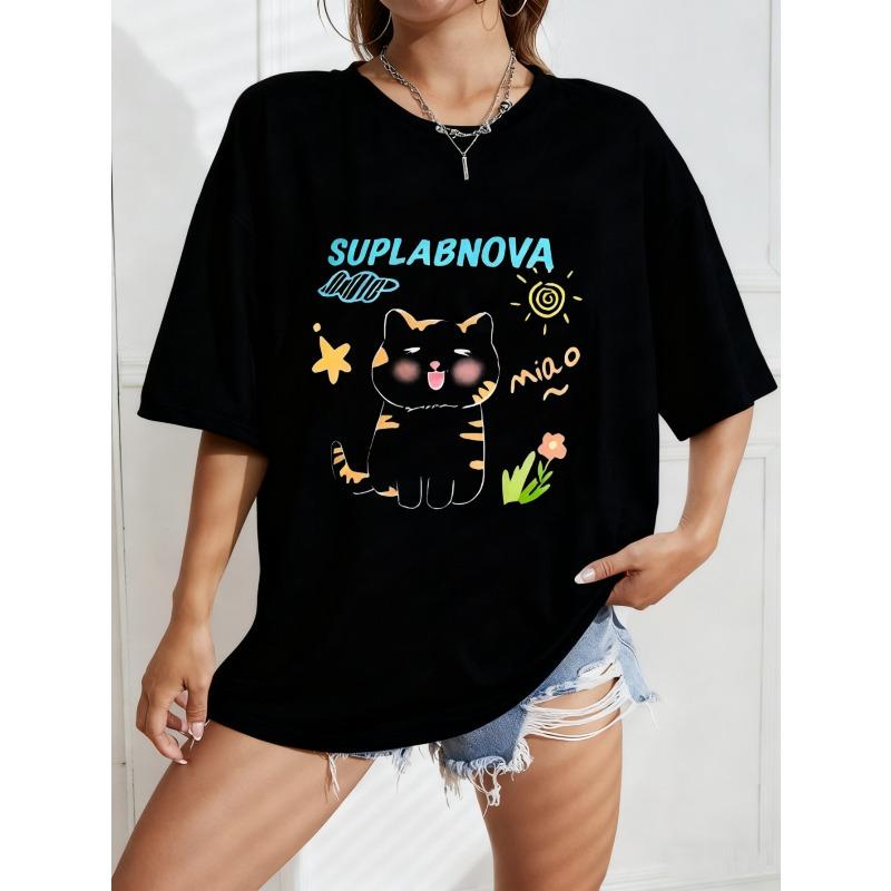 

Белая Оверсайз Футболка С Принтом Кота и Suplabnova Для Повседневной Носки S чёрный