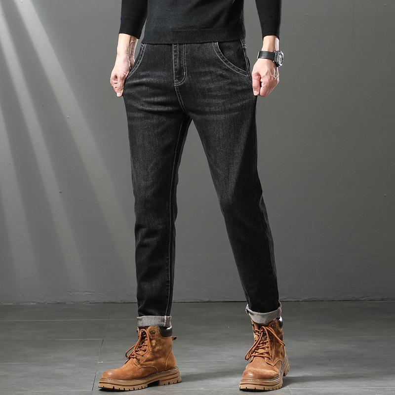 Men'S Jeans Autumn And Winter New Trend Retro Men'S Pants Elastic Straight Leg Pants With Added Fleece And Increased Casual Size