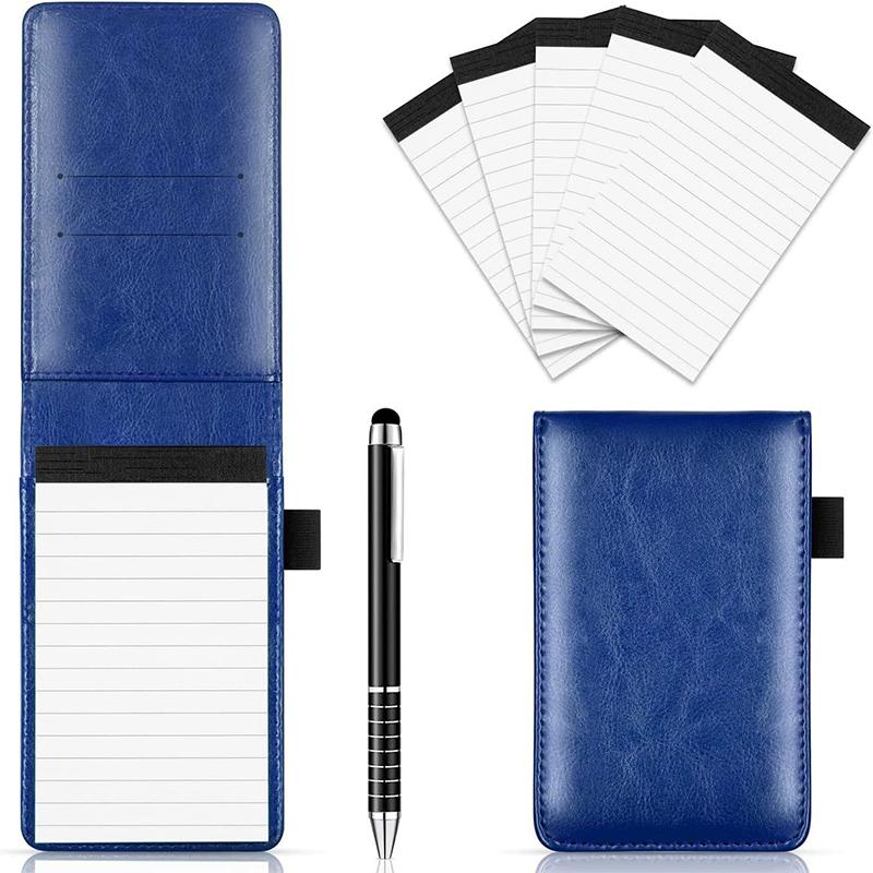 

Small Pocket Notepad Holder Set With Pen Notebook Mini Portable Leather Notebooks Writing Pads Office School Supplies синій