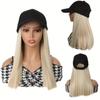 Elegant Women'S Black Baseball Cap With Adjustable Hat Wig - Long Straight Synthetic Hair, One Piece