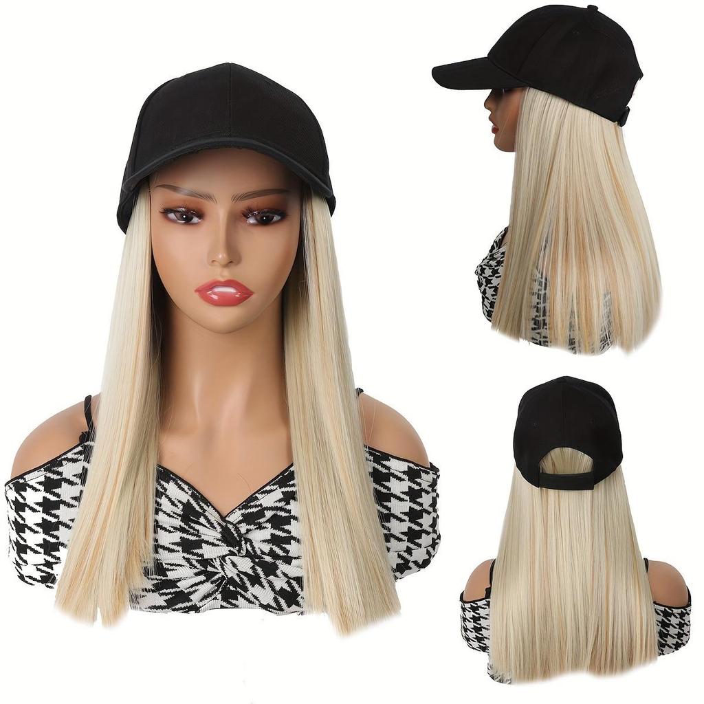 Elegant Women'S Black Baseball Cap With Adjustable Hat Wig - Long Straight Synthetic Hair, One Piece