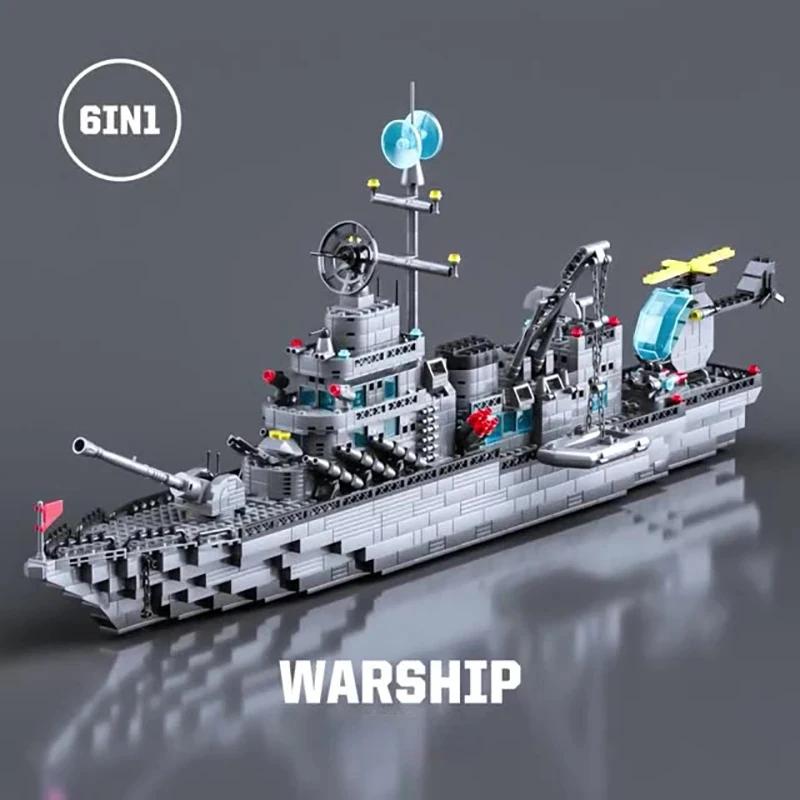 1560pcs 6 IN 1   Navy Ship Sets Building Blocks War Army Boat Plane Model Toys for Boys Bricks Toys Christmas Gifts