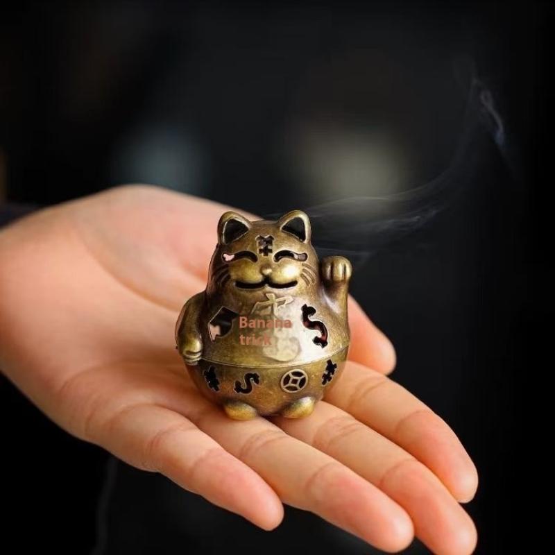 Lucky Wealth Cat Incense Burner Golden Feng Shui Good Luck Home/Office Decor With Prosperity Symbols Meditation Accessory