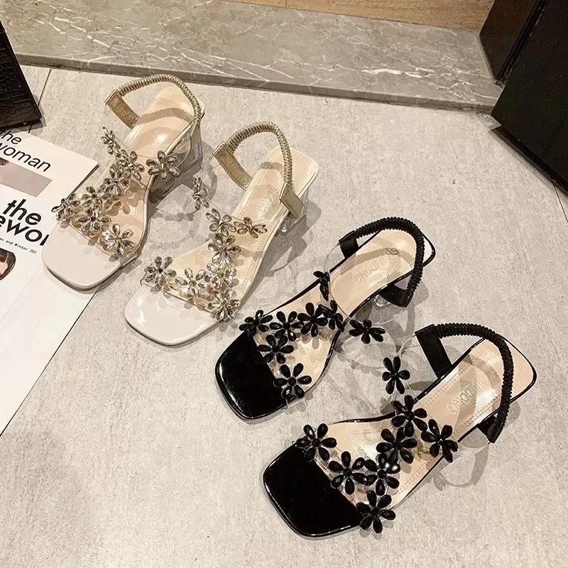 Fashion Women Sandals 2024 Summer Pvc Crystal Flower Chunky Heel Peep Toe Back Strap Elastic Elegant Fashion Shoes Ladies Zapatos
