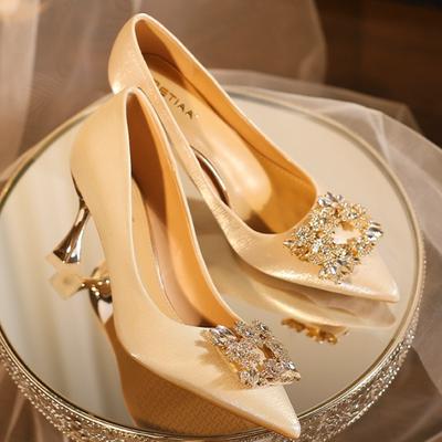 Champagner Kristall Hochzeitspumps Damen High Heels Bequeme spitze Zehen Einzelne Pumps Modische Brautschuhe für Hochzeiten