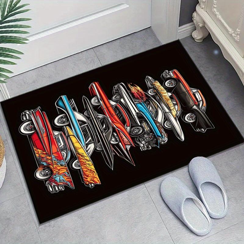 Dlouhá protiskluzová polyesterová koberecová podložka na podlahu do ložnice v retro stylu se vzorem klasických vozidel - Prostorná podložka pro domácí dekoraci