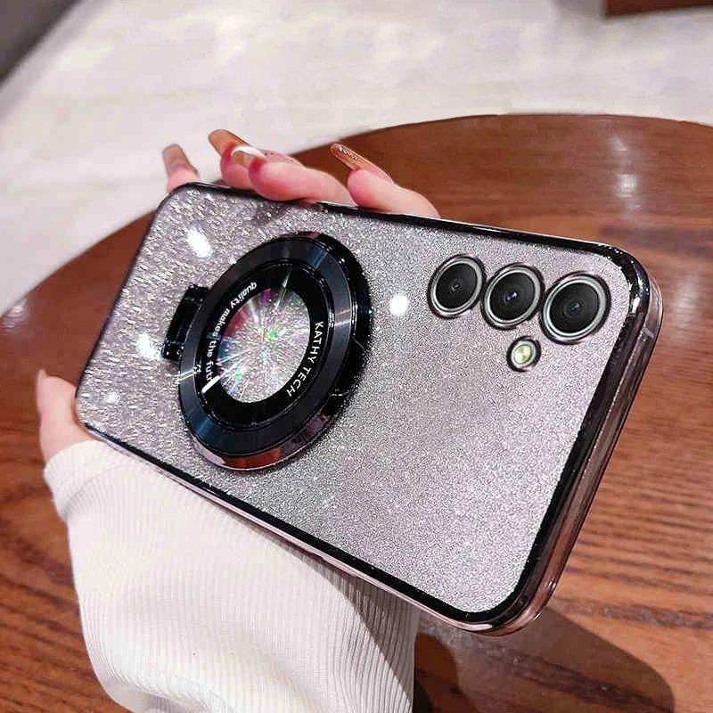 A56 A36 A26 S24FE Glitter Plating Holder Silicone Case For Samsung Galaxy A16 A15 A25 A35 A55 A14 A24 A34 A54 5g Stand Cover