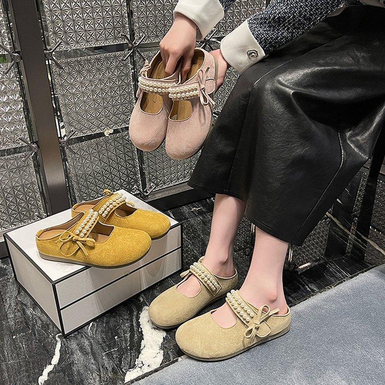 Retro Slippers New Summer Outer Wear Bow Beaded Round Head Flat Bottom Lazy One Pedal Slippers Women