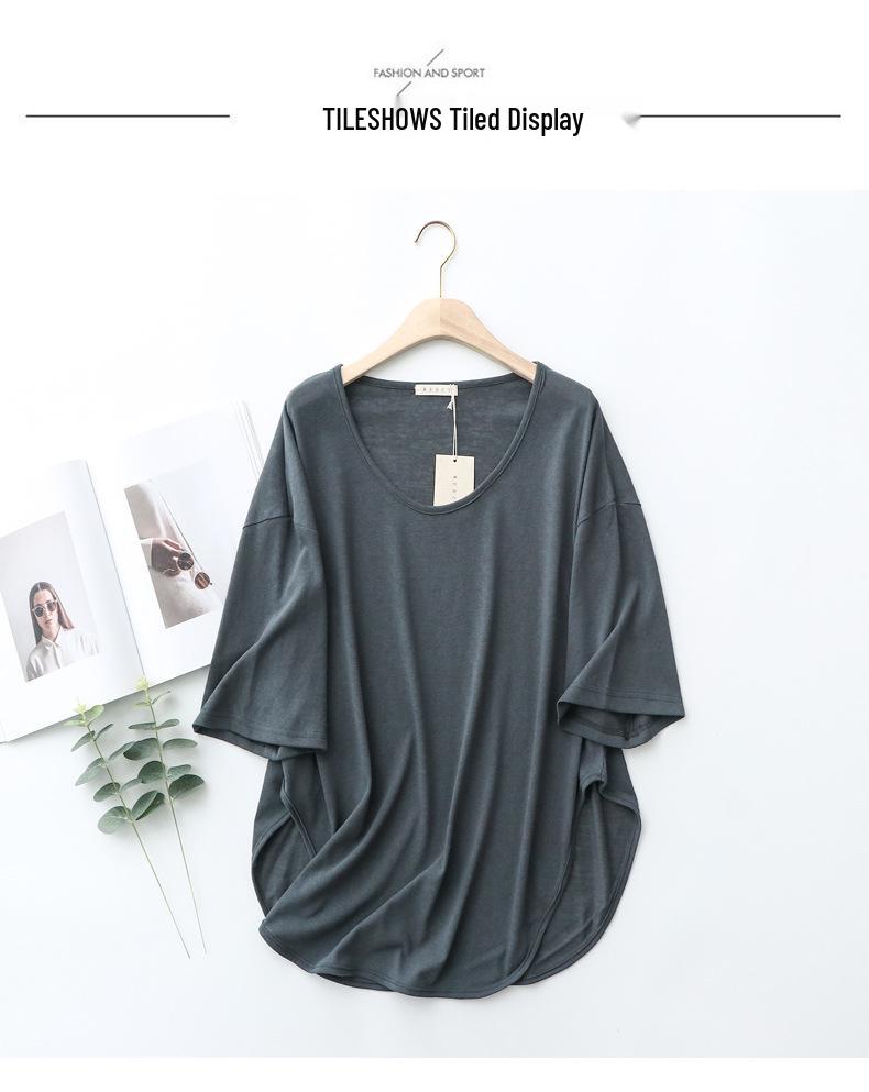 Women's Korean-Style Summer Cotton Linen Round Neck Shirt, Loose Fit, Mid-Sleeve, Plus Size Casual Top