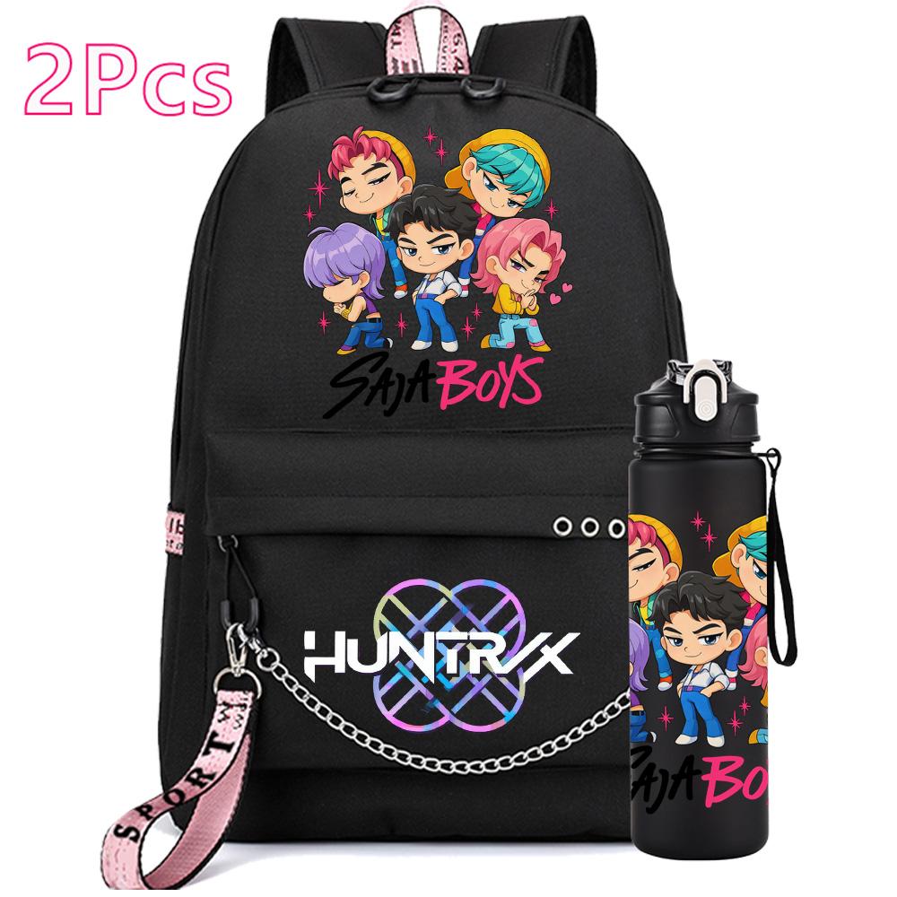 2Pcs/set Anime Cute Kpop Printed Backpack with 750Ml Water Bottler for Teenager Girl Boy Bookbag Kid Gift Large Capacity Travel Bag Rucksak