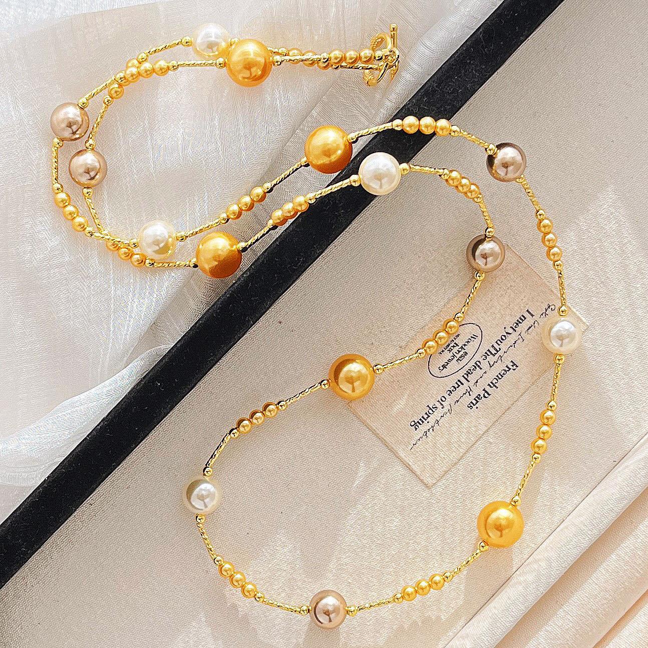 

High Quality Mocha Brown Mixed Color Shijia Pearl Maillard Wind Necklace Collarbone Chain Neck Chain Sweater Chain Women