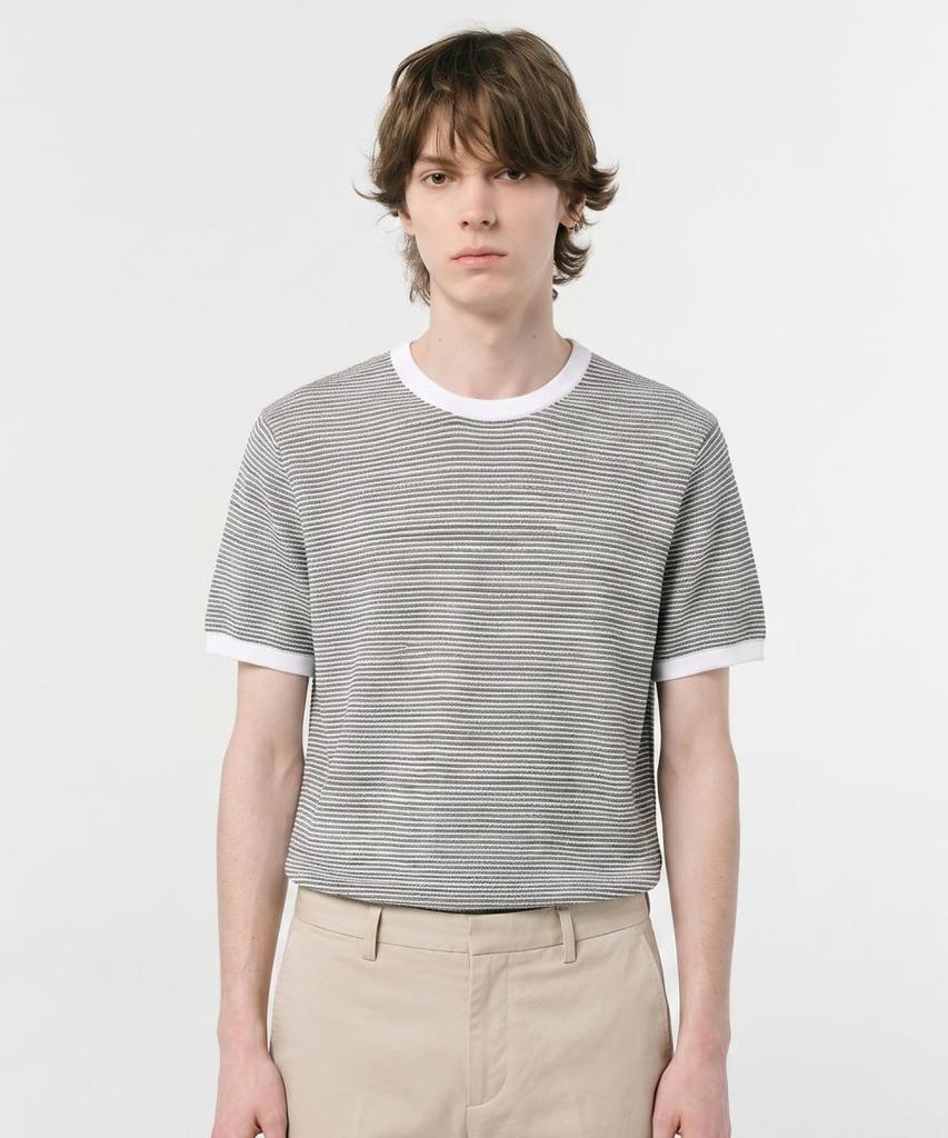 NOTIG Cotton Blend Striped Short Sleeve Knit Khaki_Oks3Swts105Kk