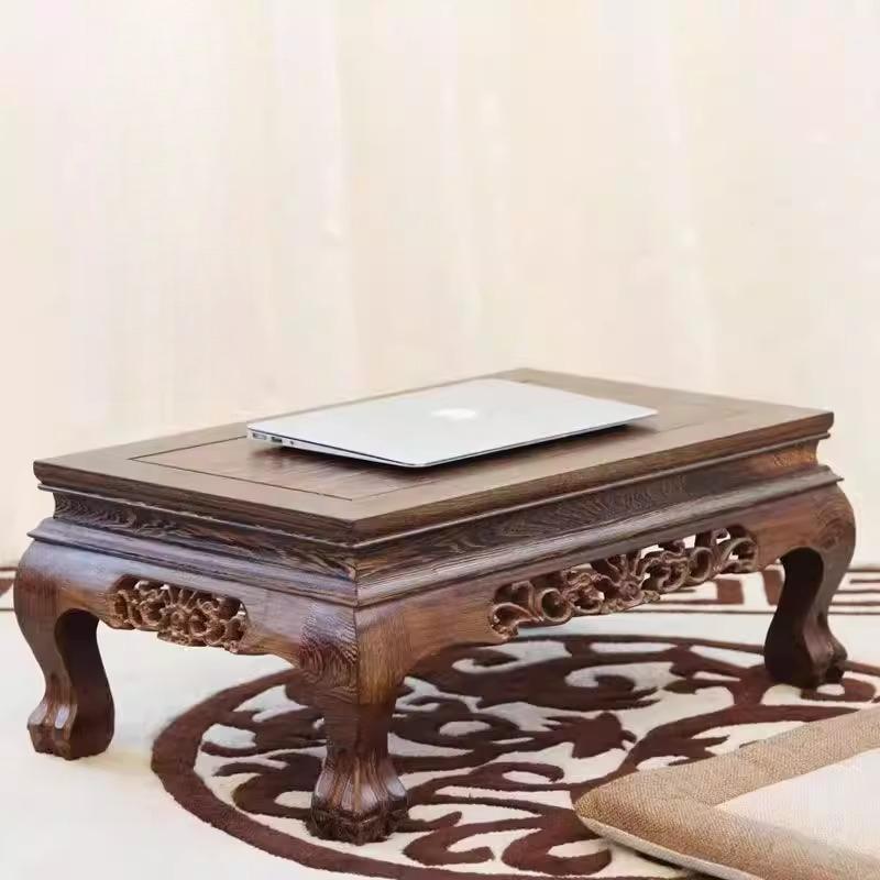 Solid Wood Coffee Table with Carved Legs, Wingset Wood Low Floor Desk for Tatami, Traditional Asian Style Window Sill Side Table