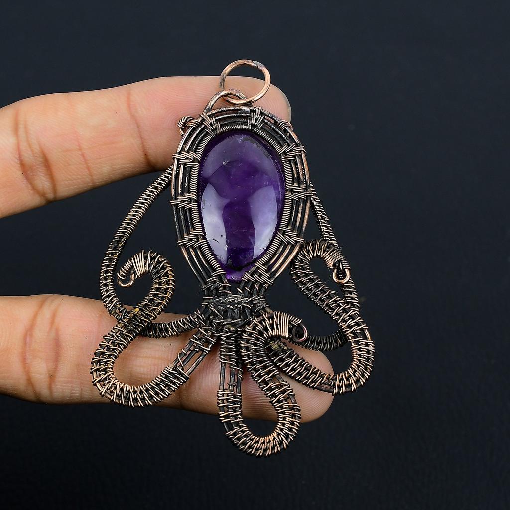 Natural Octopus Sage Amethyst Handmade Copper Wire Wrap Pendant 3.46" j8U72