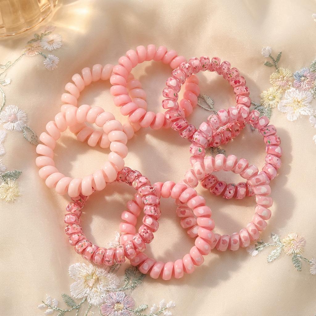 

Sweet Girly Floral & Gradient Pink Coil Hair Ties 6Pcs, No-Damage Telephone Cord Hair Elastics for Daily Wear розовый