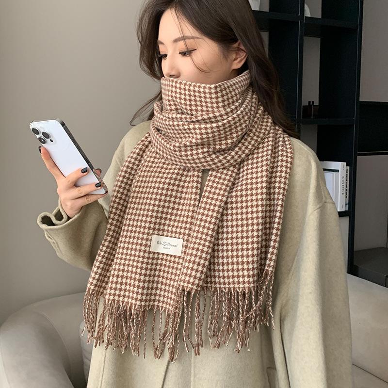 Autumn and Winter New Tassel Thousand Bird Grid Scarf Winter Women's Versatile Scarf Warm Shawl