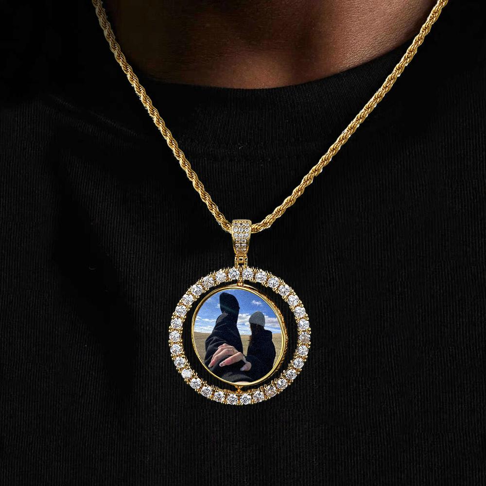 Přizpůsobený oboustranný foto přívěsek pro muže a ženy, otočný náhrdelník, ledově zdobený, zlatá barva, hip hop módní šperky, dropshipping