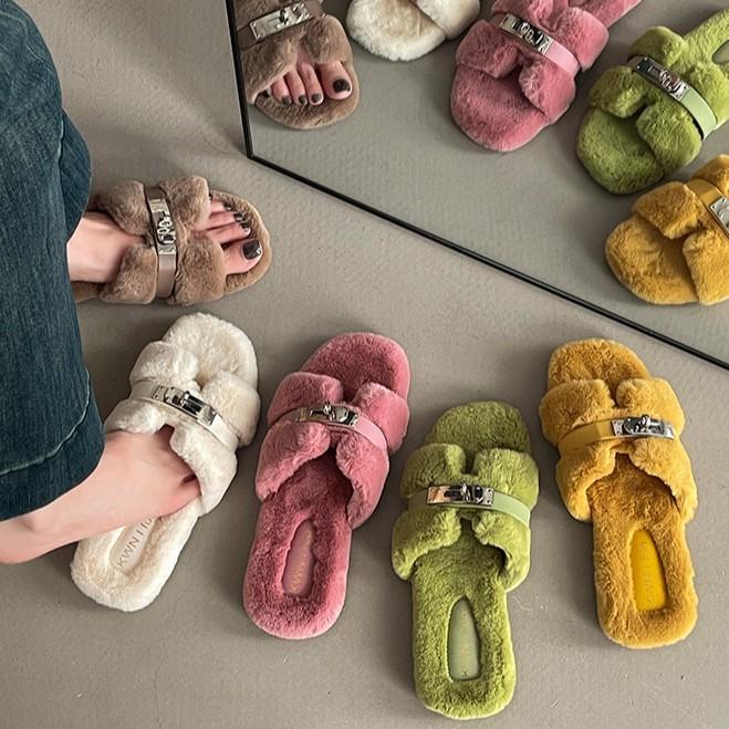 2025 Autumn and Winter Fashion Simple Belt Buckle Internet Celebrity Fluffy Slippers Women Wear Casual Thick-soled One-word Cotton Shoes