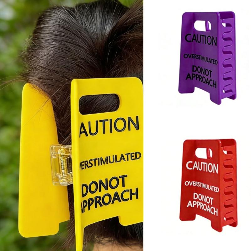 2PC Popular Caution Sign Hair Claw Clip Overstimulated Design Ponytail Holder for Thick Curly Fine Hair with Strong Grip