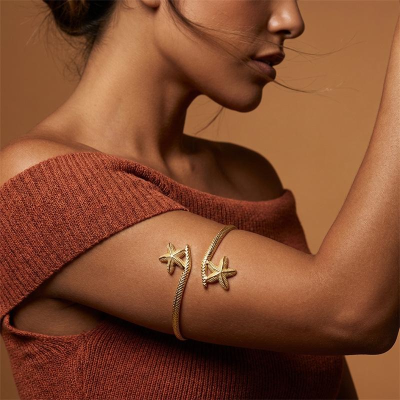 Boho Gold Color Starfish Shell Upper Arm Cuff Bracelet for Women Vintage Punk Conch Crab Open Armlet Beach Vacation Jewelry Gift