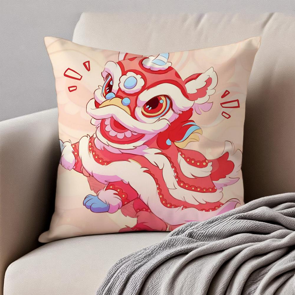 Traditional Dancing Lion Anime Lucky Cushion Cover Pillowcase Antidustmite Invisible Zipper Short Plush Sofa Cushion