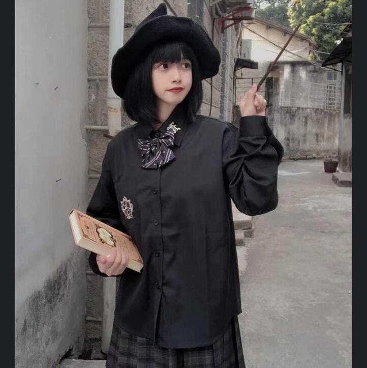 Right Aim Original Girls JK Embroidery Women Magic DK College Students Black Blouse Tops Long Short Sleeve Shirt