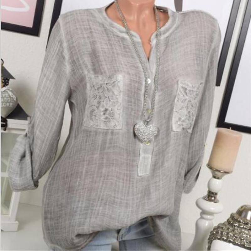 

Lace Shirt Autumn Women Vneck Long Blouse Loose Plus Size Sleeve S5xl XXXL серый