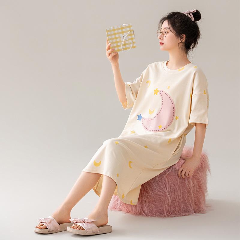 7A Women's Antibacterial Cotton Nightgown, Short Sleeve, Plus Size, Medium Length, Versatile for Outdoor Wear, Sweet Summer Home Dress