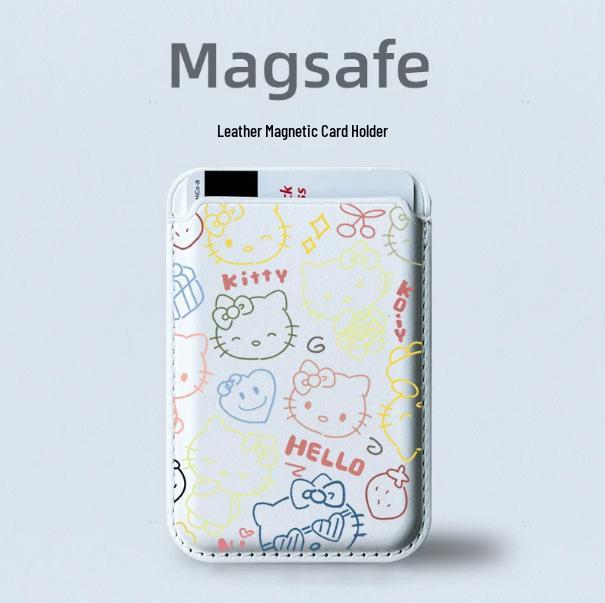 Hello Kitty Lineart MAGsafe Leather Card Holder Case for Apple Phone