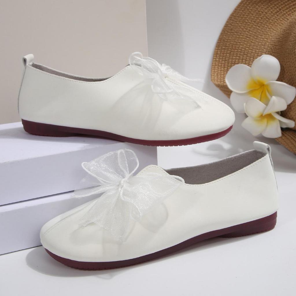 Pantofi din Piele Franceză pentru Femei, Retro Noi cu Vârf Rotund, Talpă Moale, Decorați cu Fundă, Pantofi Mary Jane
