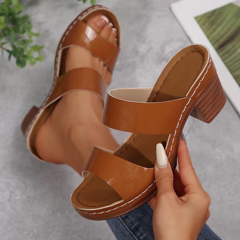 Classic Peep Toe Sandals Women 2025 Summer Elegant Round Toe Slip On High Heels Slippers Women Solid Brown Anti Slip Shoes Women