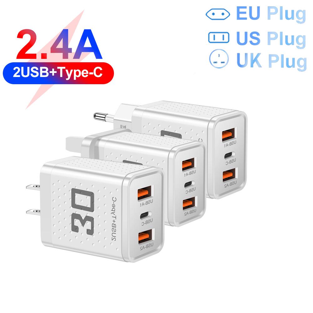 2.4A PD + 2-USB Charger Head with US/EU/UK Plugs