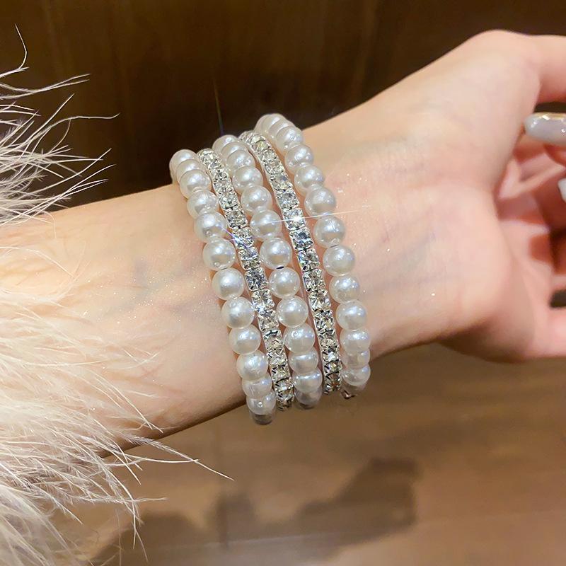 European-American Inlaid Diamond Pearl Open Bangle - Exaggerated Niche Design, Light Luxury High-End Bracelet