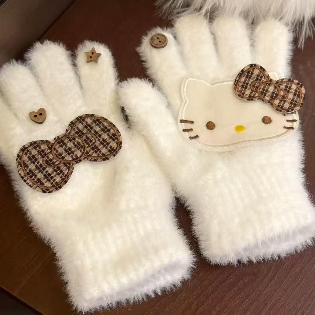Women's Winter 2025 Retro Plaid Kitty Gloves: Warm Five-Finger Cycling Cold Protection