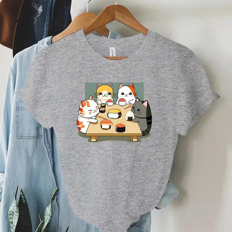 Cat Party Kawaii T Shirt Women Summer Tops Sushi Graphic T Shirts Casual Fashion Tee Shirt Trendy Korean Streetwear Y2k Tees