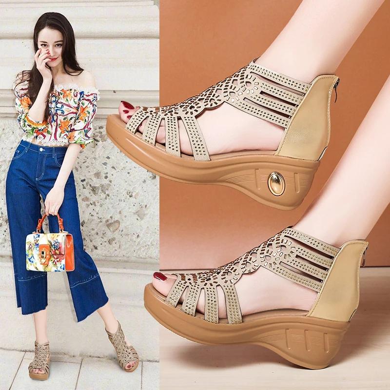 Fashion 2025 New Fashion Wedge Sandals Women Summer Shoes Elegant Ladies Rome Hollow Out Sandals Female Sandalias Black Wedge Heels