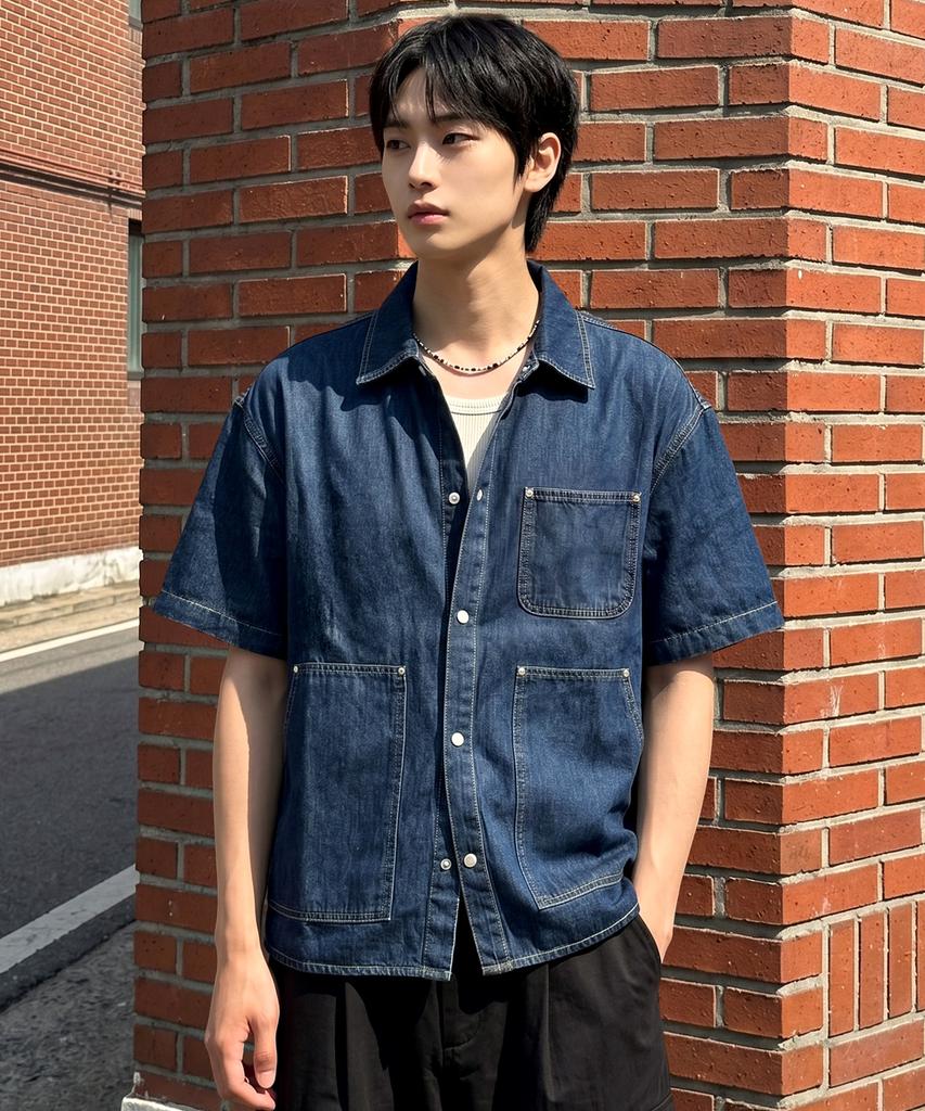 UNDEROFF Oversized Pocket Denim Short Sleeve Shirt Indigo
