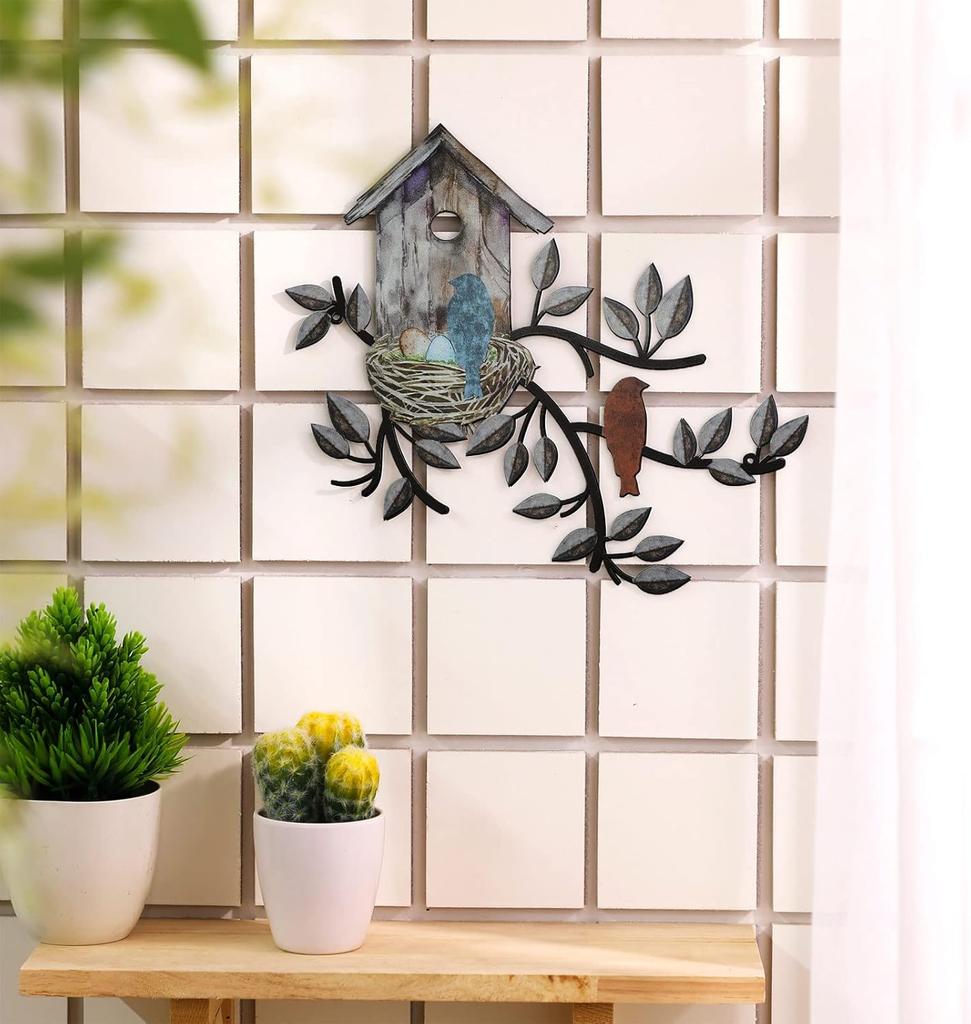 Peryiter Birds Wall Metal Decor Outdoor Art Hanging Metal Tree with Birdhouse for Living Room Tree Leaf Wall Decor for Indoor