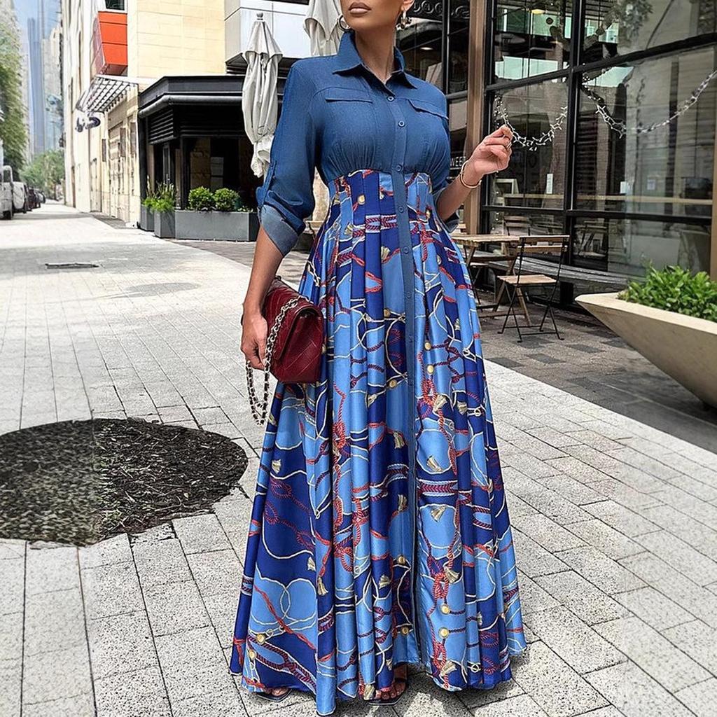 Plus Size Women's Casual Denim Patchwork Print Long Skirt - Large Swing Dress