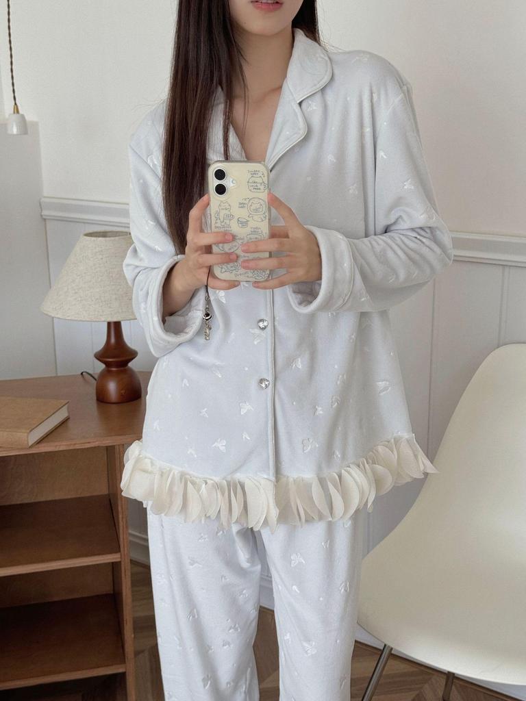 New Autumn Embossed Butterfly Pajama Set - Women's Double-Sided Fleece, Korean Style