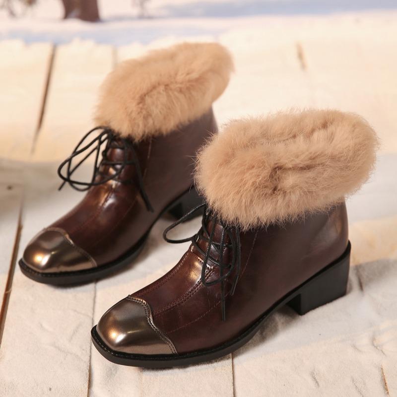

Winter New Booties Women s Paneled Square Toe Lace-up Fleece Waterproof Non-Slip Block Heel Cotton Shoes 43