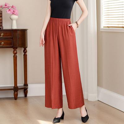 Simplicity Casual Summer Pants Women's Solid Elastic Waist Pockets Thin Style Elegant High Waist Loose Wide Leg Cropped Trousers