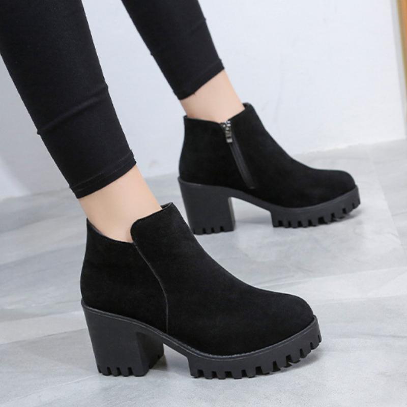 Trendy Women's Ankle Boots 2024 Autumn and Winter New British Style Round Head Side Zipper Thick Sole Temperament Women's Shoes
