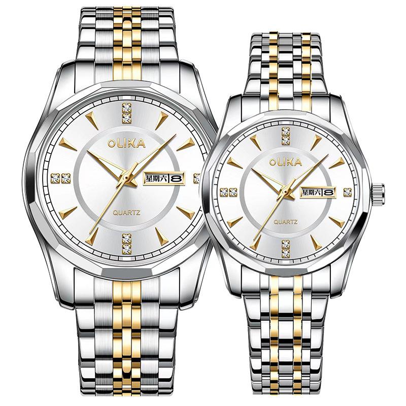 Top Brand Men's and Women's Couple's Watch Waterproof Luminous Quartz Watch Double Calendar Stainless Steel Fashion Watch